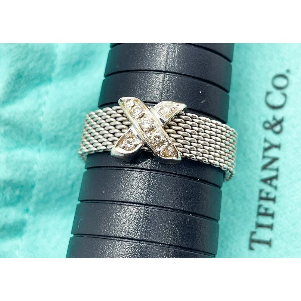 Tiffany & Co. 18K White Gold Somerset Mesh Diamond X Ring – Size 11.5